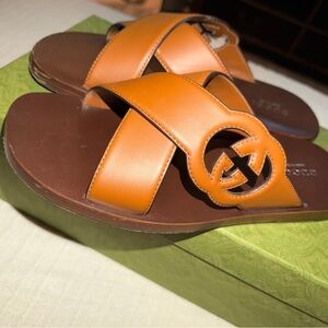 Gucci Tan Leather Slide Sandals